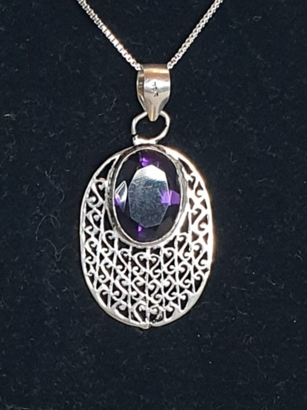 Vintage Boho Deep Purple Amethyst 925 Sterling Silver Filigree Statement Pendant
